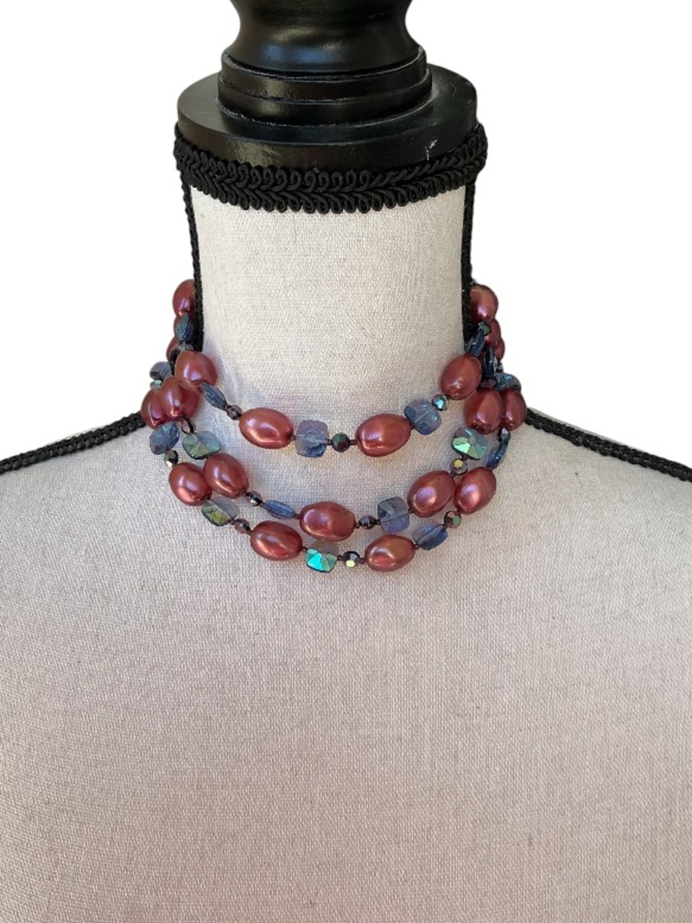 Multi-Strand Burgundy and Blue Beaded 13” Necklace